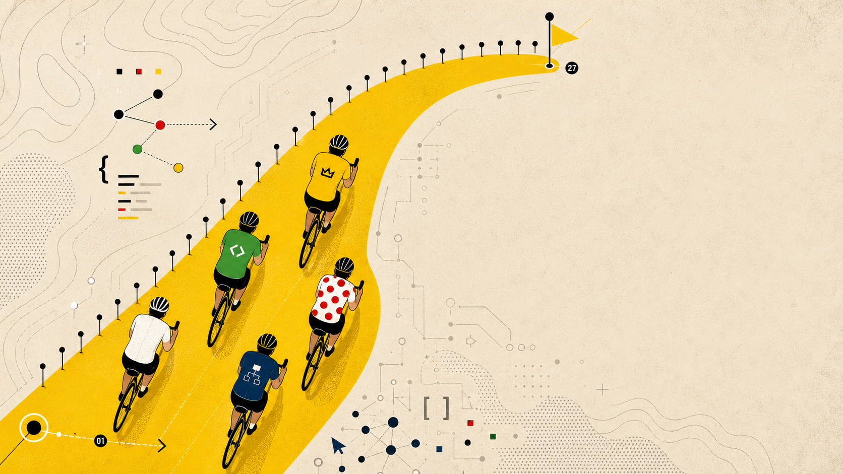 Flat poster-style cyclists riding a diagonal yellow route with AI-inspired map details.